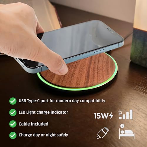 15W Wooden Wireless Charger | Stylish Design Qi Wireless Charger Station | USB Type C Cable | Compatible for iPhone 15 14 13 Pro MAX X Plus, Samsung Galaxy Ultra, Airpods