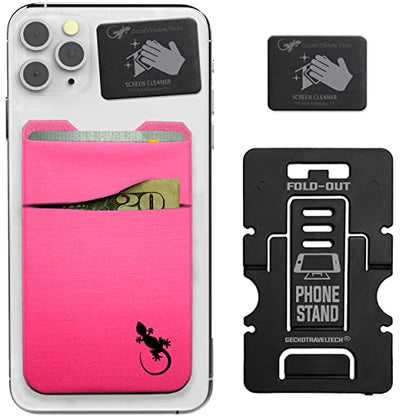 Gecko Travel Tech Double Pocket - Adhesive Card Holder - Cell Phone Pouch - Stick on Spandex Pocket - Carry Credit Cards and Cash (PINK BLACK) - color: PINK BLACK