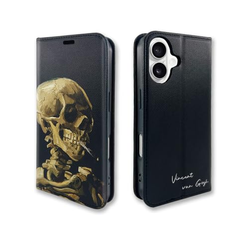 Cute Art Leather Case for iPhone 16 (6.1") Wallet Cover | Magnetic Closure Flip Folio Cover, with Card Slot and Kickstand, Halloween Black Cool Stylish Van Gogh Head of a Skull - color: Van Gogh-Head of a Skull, size: iPhone 16 (6.1 Inch)