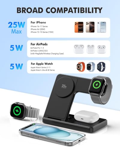25W Charging Station, 3-in-1 Magnetic Wireless Charger for Apple - color: Black（Foldable）