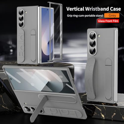 for Samsung Galaxy Z Fold 6 Protect Case with Wristband Stand,Bulit-in Screen & Lens Protection Shockproof Full Body Drop Fall Protection.(Grey) - color: Grey