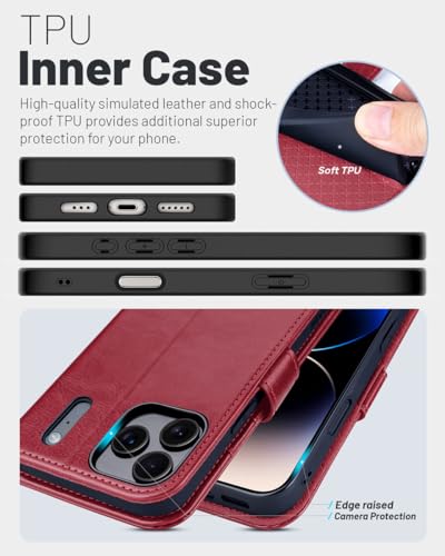 OCASE Compatible with iPhone 17 Pro Wallet Case, PU Leather Flip Folio Case with Card Holders RFID Blocking Kickstand [Shockproof TPU Inner Shell] Phone Cover 6.3 Inch 2025, Red | Card Slot Magnetic Stand Function RFID Blocker Shockproof Leather Case - co