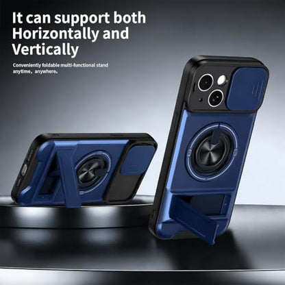 Dssairo for iPhone 15 case with 360°Rotation Magnetic Ring Compatible with MagSafe Slide Camera Cover Foldable Stand Military-Grade Shockproof Protective case (Blue, iPhone 15) - color: Blue, size: iPhone 15