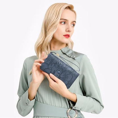 SENDEFN Women's Credit Card Holder RFID Blocking Zip Around Leather Wallet Large Capacity Long Purse with Wristlet - color: Deep Blue