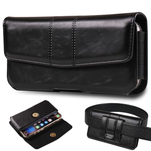 Phone Holster Compatible with iPhone 16/15/14/13/12 Pro Max and Plus, Galaxy S25/S24/S23/S22/S21/S20 Plus and FE, Leather Phone Pouch with Metal Belt Clip, L-Black - color: Black, size: Large