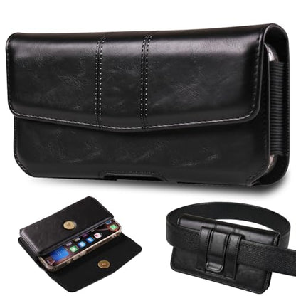Phone Holster Compatible with iPhone 16/15/14/13/12 Pro Max and Plus, Galaxy S25/S24/S23/S22/S21/S20 Plus and FE, Leather Phone Pouch with Metal Belt Clip, L-Black - color: Black, size: Large