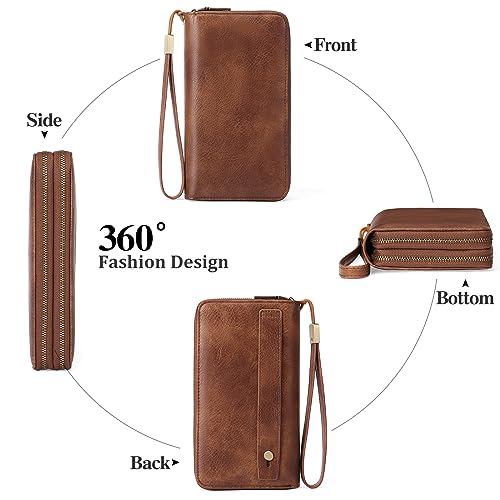 GAEKEAO RFID Leather Wristlet Wallet for Women with Grip Strap | Large capacity clutch wallet, credit card holder, wrist strap, zipper purse, travel and shopping - color: A01 Retro Brown Tan