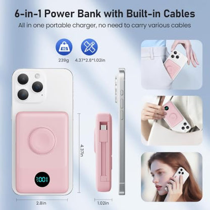 Ekrist Magnetic Portable Charger 10800mAh for MagSafe with Built-in Cable,iWatch Charger,Wireless Power Bank Travel Essentials,25W Fast Charging Battery Pack for iPhone 17/16/15/14,Apple Watch(Pink) - color: Pink