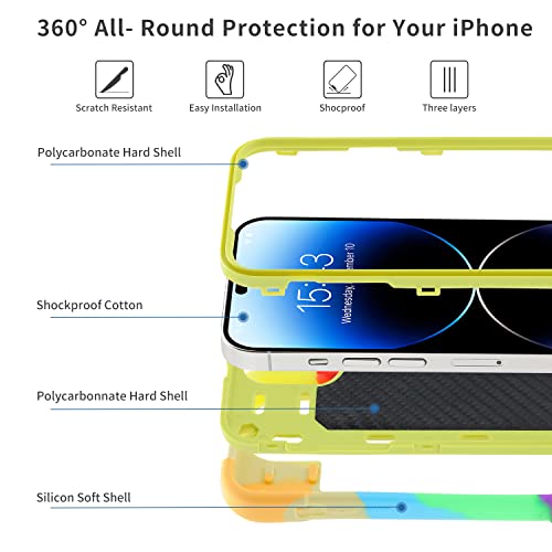 MARKILL Compatible with iPhone 14 Pro Case 6.1 Inch with Built-in Ring Stand, Military Grade Drop Protection Full Body Rugged Heavy Duty Case 3 in 1 Protective Durable Cover - color: Rainbow Green, size: iPhone 14 Pro 6.1"