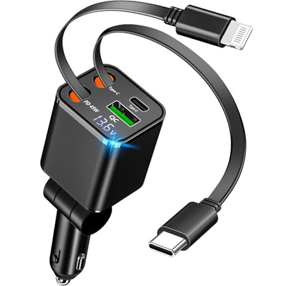 Retractable Car Charger, 120W USB-C & Lightning Cable Fast Charge