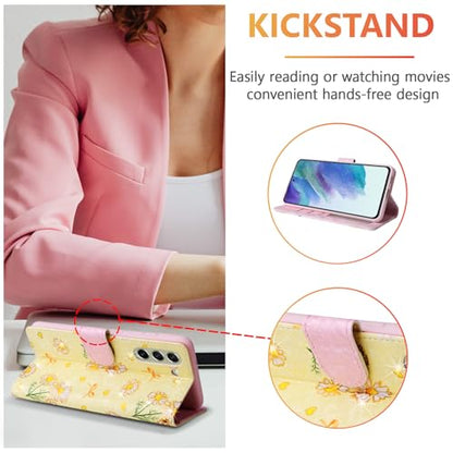 UEEBAI Wallet Case for Samsung Galaxy S22 5G, PU Leather Phone Case Kickstand RFID Blocking Flip Case Card Slots Wrist Strap Relief Engraved Pattern Magnetic Closure Flower Folio Case, Yellow Daisy - color: Yellow Daisy, size: Samsung Galaxy S22 5G
