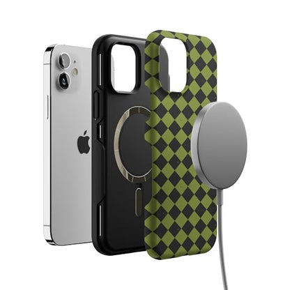 Casely iPhone 12 Mini Case | Harlequin Wicked Diamond | Black and Green | Bold Protective Design | MagSafe Compatible Design - color: Harlequin Wicked Diamond | Black and Green, size: Iphone 12 Mini