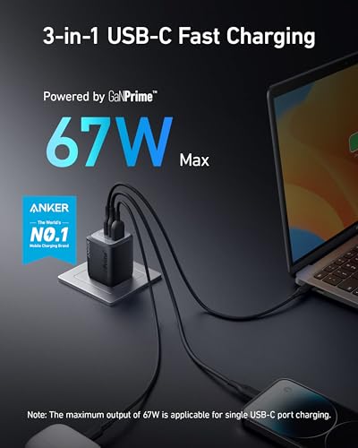 Anker USB Charger Block, 67W GaN Wall Charger, 3-Port Compact Fast Charging