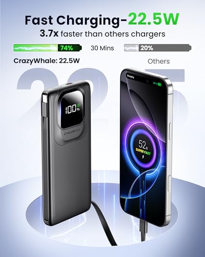 Portable Charger with Built-in Cables,22.5W Super Fast Charging Power Bank Slim Phone Charger,10000mAh Travel Battery Pack Battery Bank with Smart LED Display for iPhone, Android & USB-C - color: Black