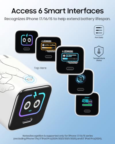 Smart Display Charger,USB C Charger Block with 6.6FT USB-C Cable,45W Max GaN Phone Charger 90° Foldable Plug,Smart Recognition,Care Mode,Real-Time Display,for iPhone 17 Pro Max/ 17 Pro /16/15