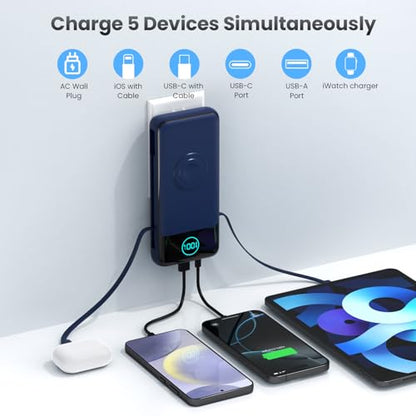 Portable Charger for iPhone with Built-in Cables and AC Wall Plug,26800mah Fast Charging USB C Power Bank,25W PD Travel Essential Battery Pack for iPhone 17/16/15/14/13,Galaxy,Apple Watch (Blue) - color: Dark Blue