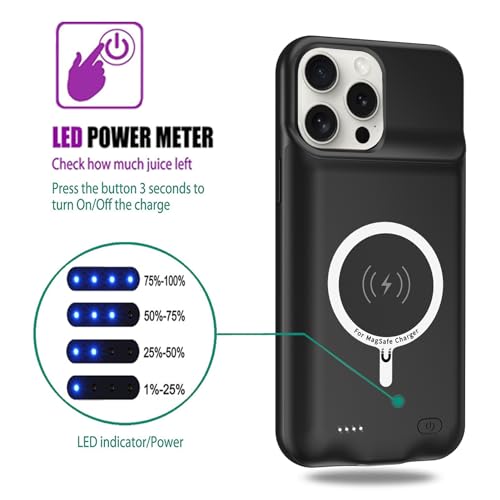 Wireless Charging Case for iPhone 15 Pro, 10000mAh High Capacity Portable Rechargeable Battery Case Wireless Charging Compatible with iPhone 15 Pro (6.1 inch) Extended Battery Charger Case (Black) - size: iPhone 15 Pro