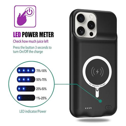 Wireless Charging Case for iPhone 15 Pro, 10000mAh High Capacity Portable Rechargeable Battery Case Wireless Charging Compatible with iPhone 15 Pro (6.1 inch) Extended Battery Charger Case (Black) - size: iPhone 15 Pro