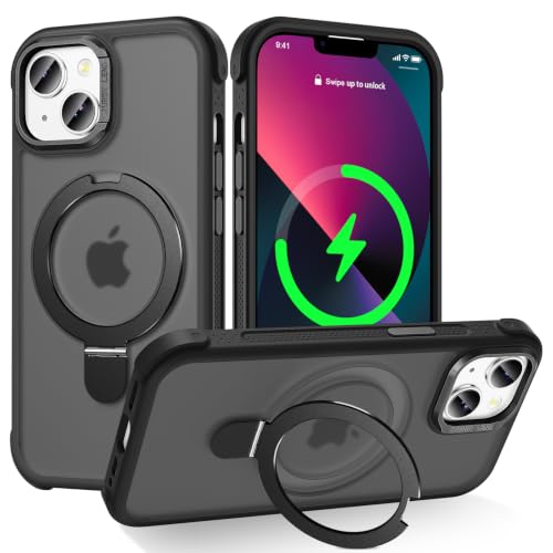 Designed for iPhone 13/14 Case with Magnetic Stand, Black | Certified Drop Protection, Great Grip Feeling, Matte Translucent Back Slim Shockproof Phone Cover - color: Black, size: Iphone 13 / 14