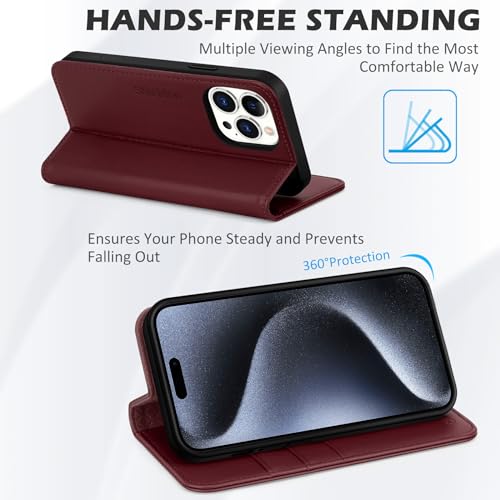 SHIELDON Genuine Leather Case Wallet for iPhone 15 Pro Max 6.7", Wine Red | Folio Magnetic Closure, RFID Blocking, Credit Card Holder, Kickstand, Shock Absorbing Protective Cover - color: Wine Red