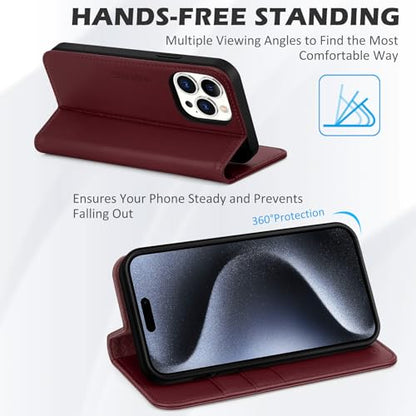 SHIELDON Genuine Leather Case Wallet for iPhone 15 Pro Max 6.7", Wine Red | Folio Magnetic Closure, RFID Blocking, Credit Card Holder, Kickstand, Shock Absorbing Protective Cover - color: Wine Red
