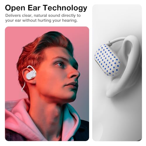 Purity Air Open Ear Headphones - True Air Conduction Wireless Bluetooth Open Ear Earbuds with Dual Mic for iPhone/Android - Secured Long Wearing Comfort, Sports Sweat Resistant (Blue Dots) - color: Blue Dots