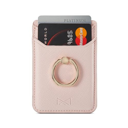 Card Holder Sleeve with Ring for Girl, RFID Credit Wallet PU Leather Stick On Back Grip for iPhone Samsung Smartphone - Pink - color: Pink