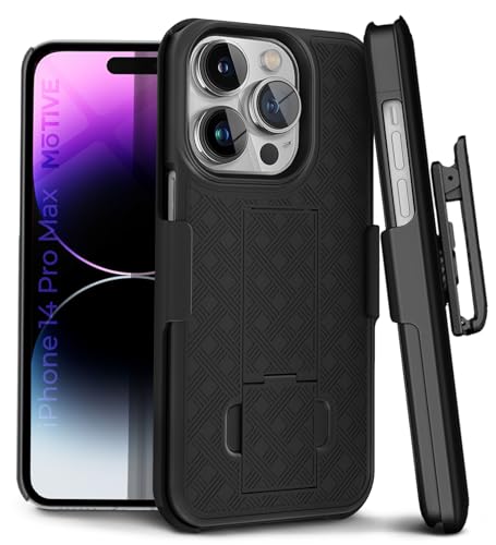 MOTIVE for iPhone 14 Pro Max Case with Belt Clip, Rigid, Kickstand | 6.7" | Ranger v1 Series, Black, 360° holster, open-top/open-bottom port access, textured grip, slim - size: iPhone 14 Pro Max