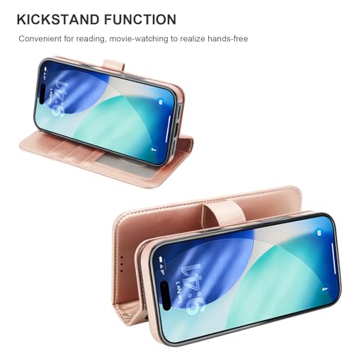 Bocasal Detachable Wallet Case Card Holder for iPhone 17 Pro Max Rose Gold | RFID Blocking Kickstand Card Slots Holder PU Leather Magnetic Shockproof Wrist Strap Removable Flip Protective Cover 6.9 inch - color: Rose Gold