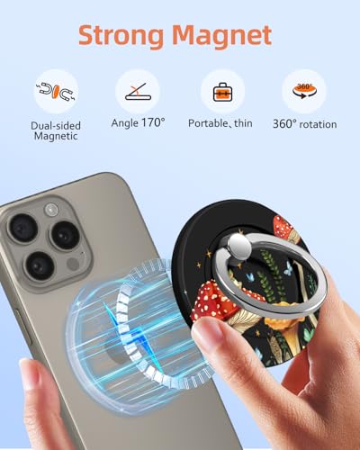 Toycamp Magnetic Phone Grip - Compatible with MagSafe Phone Grip Ring Stand for iPhone 17/16/15/14/13/12 Series Black Background Mushroom Cute Phone Ring Holder Grip for Women Girls - color: Mushroom