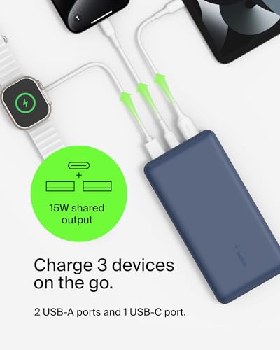 Belkin 20000mAh 15W 3 Port Power Bank, USB A to USB C Cable Included - color: Blue