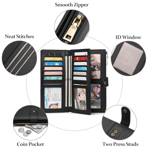 GAEKEAO Wallets for Women Leather RFID Blocking Large Capacity Card Case Ladies Wristlet Clutch Wallets Zipper Pocket with 4 ID Windows 20 Card Slots - color: Black