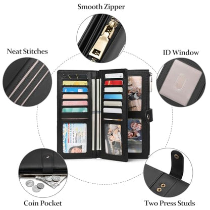 GAEKEAO Wallets for Women Leather RFID Blocking Large Capacity Card Case Ladies Wristlet Clutch Wallets Zipper Pocket with 4 ID Windows 20 Card Slots - color: Black