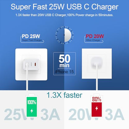 USB C Charger Block 25W Super Fast Charging for iPhone 17e 18 Pro Max 17 - color: White