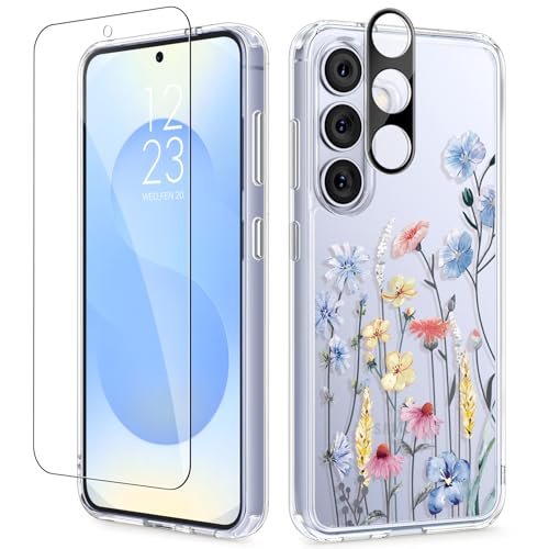 GVIEWIN for Samsung Galaxy S25 Plus Case, Clear Floral Slim Shockproof Protective Women Phone Case, Non-Yellowing, with Screen Protector & Camera Lens Protector for S25 Plus 6.7", Aconite/Light Blue - color: Aconite/Light Blue, size: For Galaxy S25 Plus 6