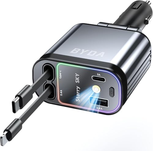 4 in 1 Retractable Car Charger with Starry Light,69W USB-C Fast Car Charger, for iPhone 17/16/15/14/13/12/11, Android,Pixel,Cigarette Lighter Charger (for Lightning+USB-C) - size: Starry Light