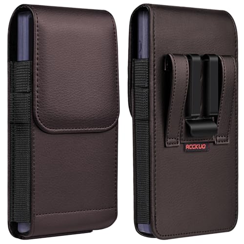 ACCKUO Leather Phone Holster with Strong Metal Belt Clip and Magnetic Closure Compatible with iPhone 16/15/14/13/12 Pro Max, Galaxy S25/S24/S23/S22 Plus & FE, L-Coffee - color: Coffee, size: Large
