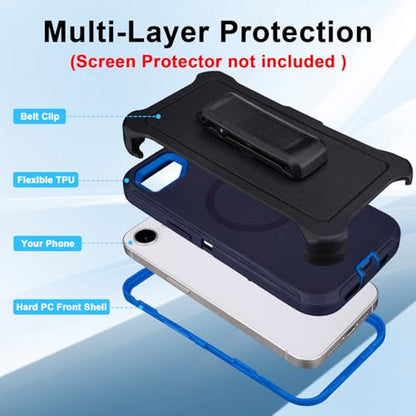 Phone Case for iPhone 16e Magnetic Case with Clip & 360°Rotating Kickstand | Compatible with MagSafe, Heavy Duty Drop Protection, Rugged Shockproof Protective Case for iPhone 16e Case with Kickstand - color: Navy+Blue