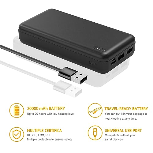 Whsahans 5V 2A 20000mah Heated Vest Heated Jacket Battery Pack Power Bank Rechargeable Battery for for Heated Vests Heated Jackets Heated Hoodies for Men Women(No DC Port, Not Suit for 7.4v)