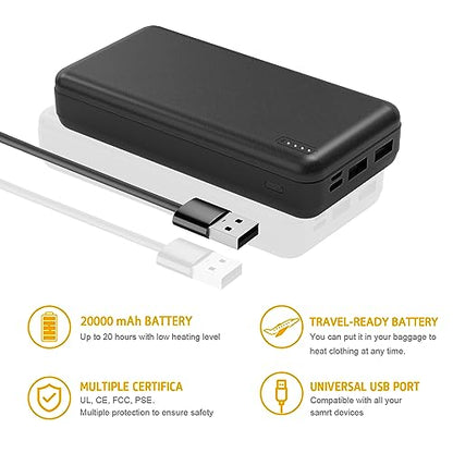 Whsahans 5V 2A 20000mah Heated Vest Heated Jacket Battery Pack Power Bank Rechargeable Battery for for Heated Vests Heated Jackets Heated Hoodies for Men Women(No DC Port, Not Suit for 7.4v)