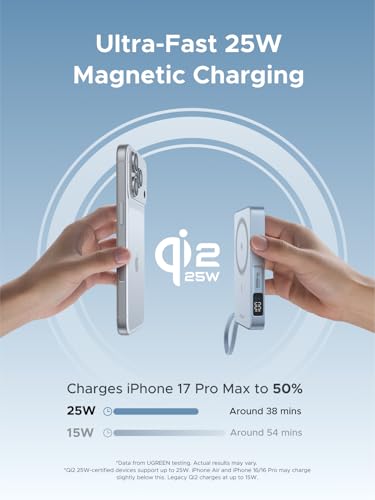 UGREEN MagFlow 10000mAh Qi2 25W Wireless Power Bank Built-in Cable - color: Blue