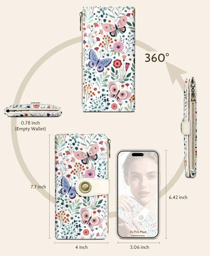 GIANCOMICS Butterfly Womens Wallet RFID Blocking, Credit Card Holder Bifold | Billfold, Cute Cash Purse, Travel Zipper Coin Pocket, Compact Clutch, PU Leather, ID Window, 11 Card Slots, Ladies Gift Woman - color: Butterflies and Flowers