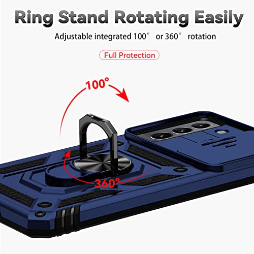 for Samsung Galaxy S22 Case with Camera Lens Cover HD Screen Protector, Dual Layer Military-Grade Drop Tested Magnetic Ring Holder Kickstand Protective Phone Case for Samsung Galaxy S22 5G (Navy Blue) - color: Navy Blue with camera cover Military-Grade 2n