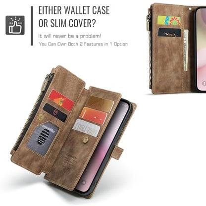 Compatible with iPhone 16e/17e Wallet Case,with Card Holder Kickstand Magnetic Zipper Pocket Lanyard Strap Wristlet,Leather Flip Case Wallet for iPhone 16e/17e 6.1 Inch(Brown) - color: Brown, size: iPhone 16E/17E 6.1 Inch