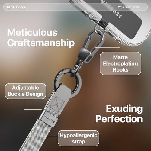 MAGEASY Universal Phone Wrist Strap with Built-in Keychain & Phone Tether Tab - color: Metallic Gray