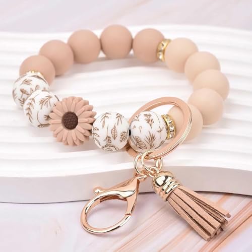 Silicone Beaded Phone Wrist Strap, Phone Wristlet Strap with Tether Tab, Elastic Hands-Free Daisy Wristlet Bracelet(khaki) - color: Daisy Khaki