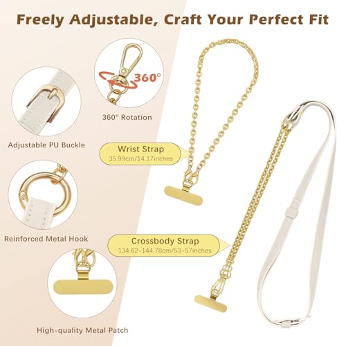 MoKo Universal Phone Crossbody Lanyard Phone Chain, Anti-Theft Adjustable Cellphone Cross Body Neck Strap & iPhone Wrist Strap with 2×Metal Tether Tabs for iPhone 17, Most Smartphones, White & Gold - color: White & Gold