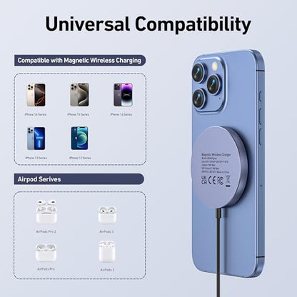 BENFEI Magnetic Wireless Charger Compatible with MagSafe for iPhone 17/16/15/14/13/12, Aluminum, up to 7.5W, 1.5m Cable - color: Grey