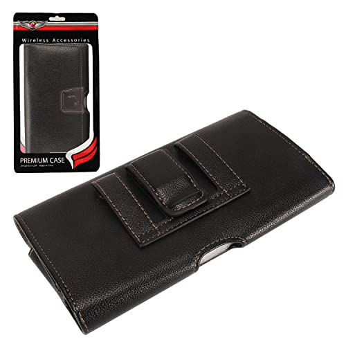 Leather Cell Phone Holster for T-Mobile REVVLRY+, REVVL 4, AT&T Fusion Z, Motivate, Jitterbug Smart3, Kyocera DuraSport 5G - Horizontal Case Waist Carrying Pouch with BeltClip/Loops, Black - size: Medium