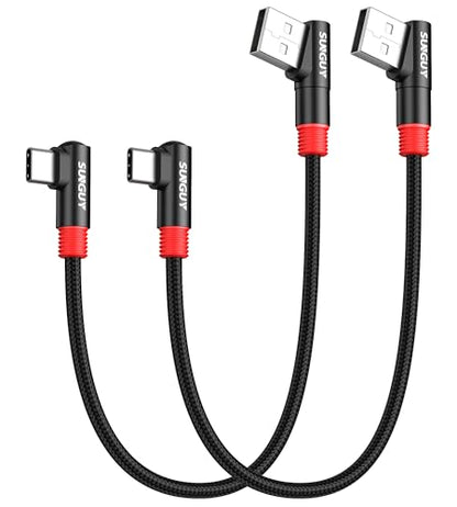 SUNGUY Right Angle USB C to A Cable 2Pack [1FT/0.3m] 18W Short 90 Degree USB 2.0 USB A to C Fast Charging Data Sync Cable Nylon Braided for iPhone 16 15 Pro/Pro Max/Plus Samsung Galaxy S24/S23, iPad - size: 1FT
